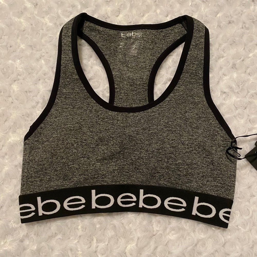 bebe Sport Heather Gray & Black Logo Sports Bra - Small